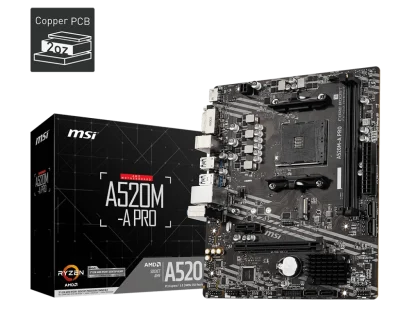 Tarjeta Madre MSI A520M-A Pro AM4, 2xDDR4 4600MHz, 1xPCI-E 3.0x16, 1xM.2 Gen3x4, 4xSATA 6Gb, 6xUSB3.2, 1xHDMI, DVI-D